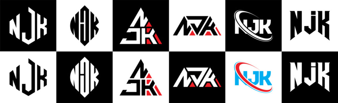 NJK letter logo design in six style. NJK polygon, circle, triangle, hexagon, flat and simple style with black and white color variation letter logo set in one artboard. NJK minimalist and classic logo