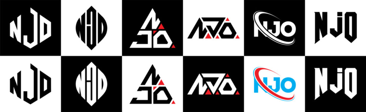 NJO letter logo design in six style. NJO polygon, circle, triangle, hexagon, flat and simple style with black and white color variation letter logo set in one artboard. NJO minimalist and classic logo