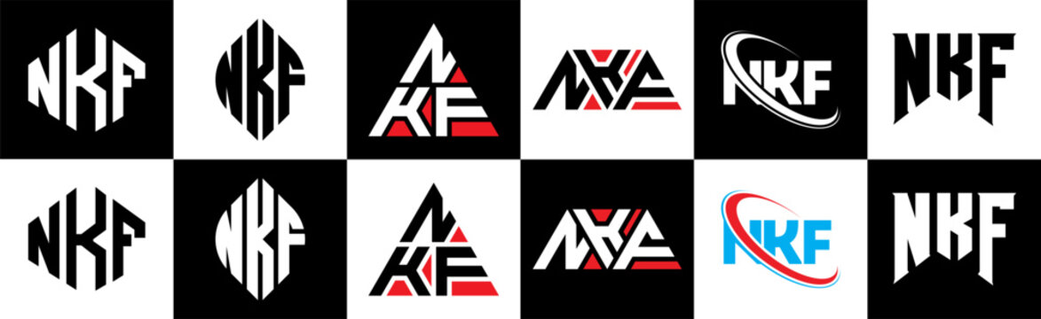 NKF letter logo design in six style. NKF polygon, circle, triangle, hexagon, flat and simple style with black and white color variation letter logo set in one artboard. NKF minimalist and classic logo