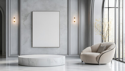 Minimalist modern interior with marble coffee table and elegant armchair in bright room