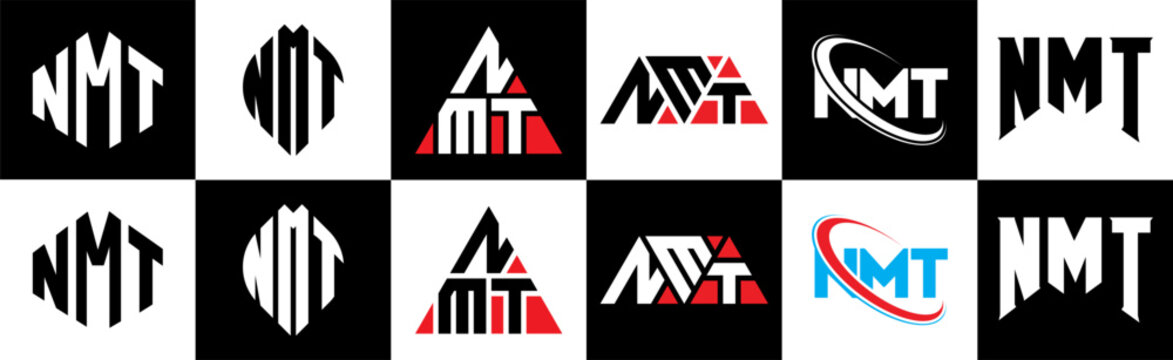 NMT letter logo design in six style. NMT polygon, circle, triangle, hexagon, flat and simple style with black and white color variation letter logo set in one artboard. NMT minimalist and classic logo