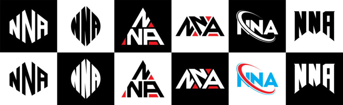 NNA letter logo design in six style. NNA polygon, circle, triangle, hexagon, flat and simple style with black and white color variation letter logo set in one artboard. NNA minimalist and classic logo