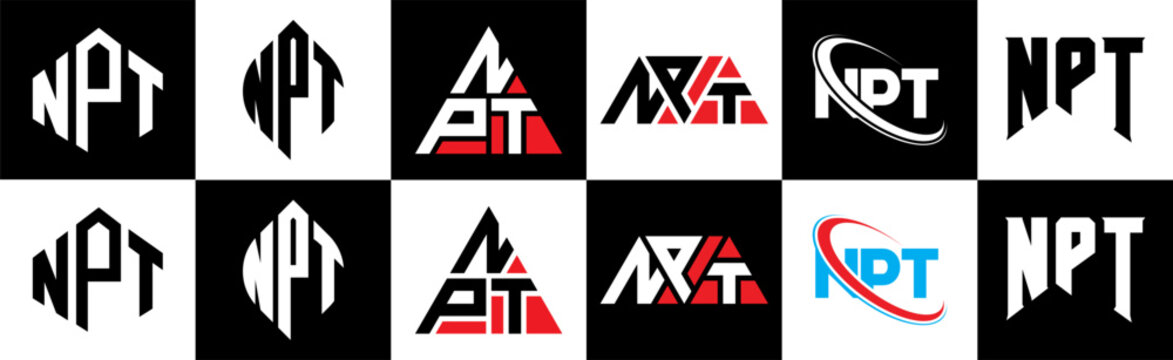 NPT letter logo design in six style. NPT polygon, circle, triangle, hexagon, flat and simple style with black and white color variation letter logo set in one artboard. NPT minimalist and classic logo