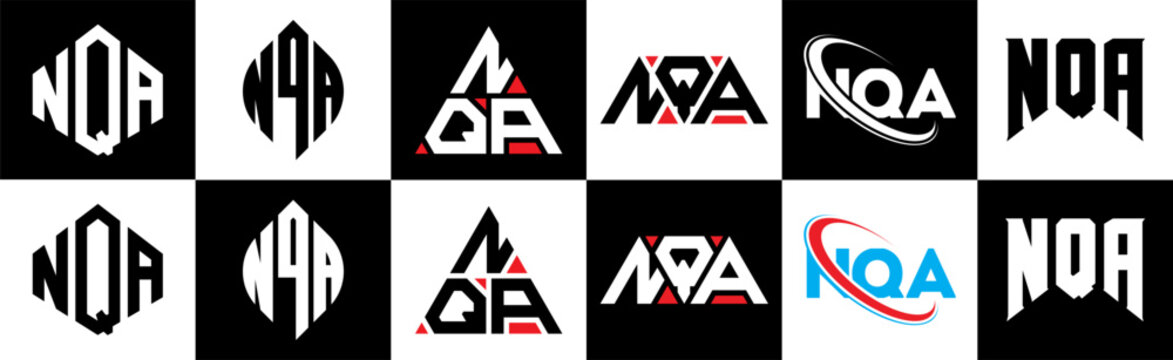 NQA letter logo design in six style. NQA polygon, circle, triangle, hexagon, flat and simple style with black and white color variation letter logo set in one artboard. NQA minimalist and classic logo