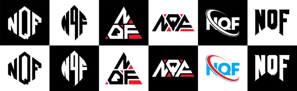 NQF letter logo design in six style. NQF polygon, circle, triangle, hexagon, flat and simple style with black and white color variation letter logo set in one artboard. NQF minimalist and classic logo