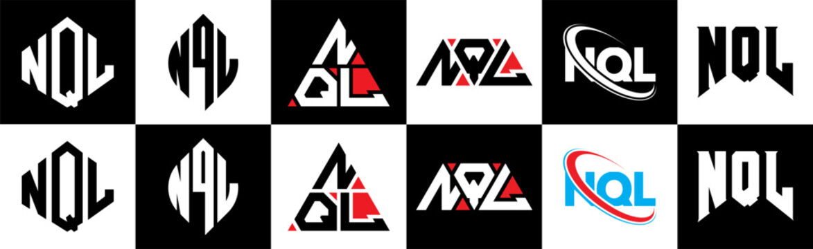 NQL letter logo design in six style. NQL polygon, circle, triangle, hexagon, flat and simple style with black and white color variation letter logo set in one artboard. NQL minimalist and classic logo