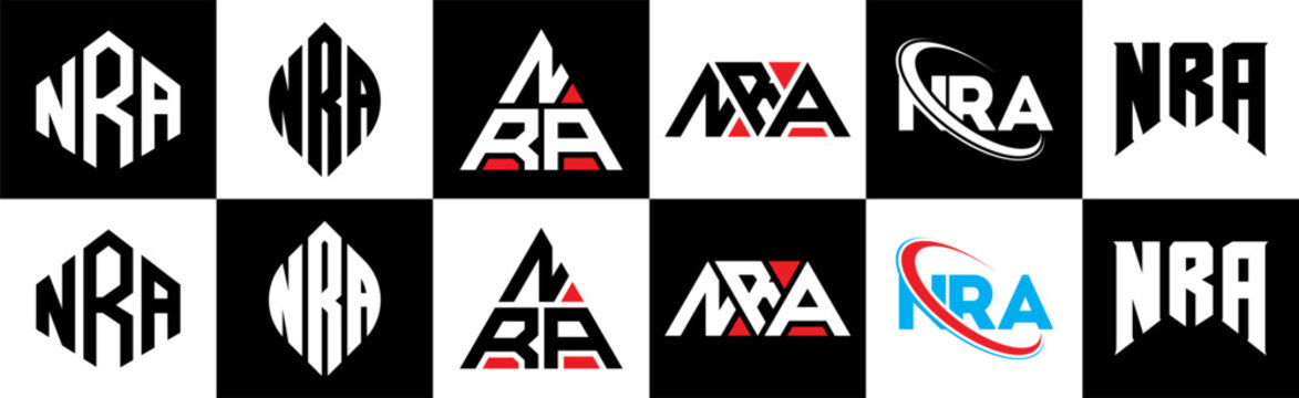 NRA letter logo design in six style. NRA polygon, circle, triangle, hexagon, flat and simple style with black and white color variation letter logo set in one artboard. NRA minimalist and classic logo