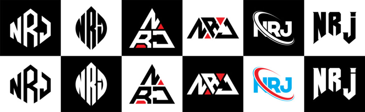 NRJ letter logo design in six style. NRJ polygon, circle, triangle, hexagon, flat and simple style with black and white color variation letter logo set in one artboard. NRJ minimalist and classic logo