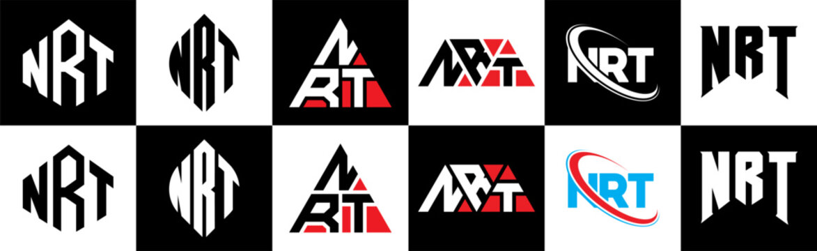 NRT letter logo design in six style. NRT polygon, circle, triangle, hexagon, flat and simple style with black and white color variation letter logo set in one artboard. NRT minimalist and classic logo