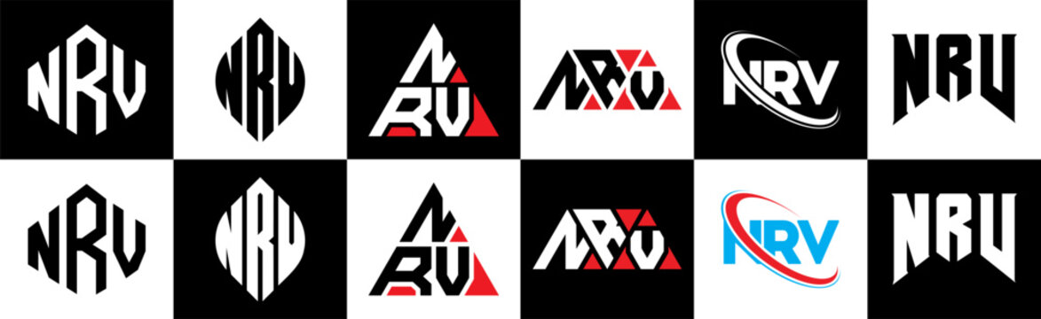 NRV letter logo design in six style. NRV polygon, circle, triangle, hexagon, flat and simple style with black and white color variation letter logo set in one artboard. NRV minimalist and classic logo