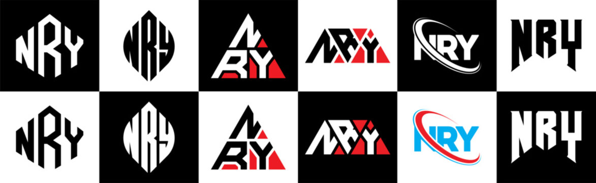 NRY letter logo design in six style. NRY polygon, circle, triangle, hexagon, flat and simple style with black and white color variation letter logo set in one artboard. NRY minimalist and classic logo