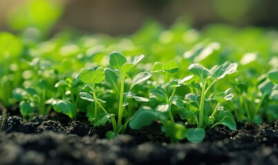 A cluster of young broccoli plants growing together in the vegetable bed, cluster, density, green