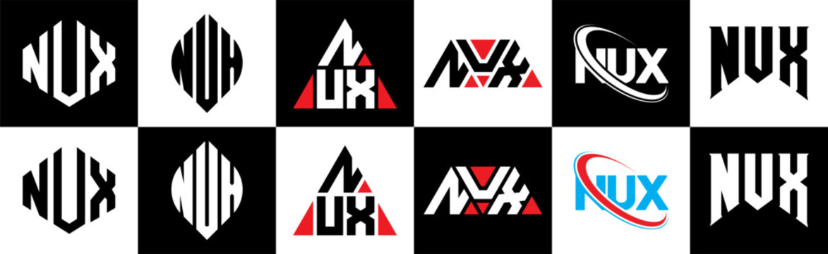 NUX letter logo design in six style. NUX polygon, circle, triangle, hexagon, flat and simple style with black and white color variation letter logo set in one artboard. NUX minimalist and classic logo