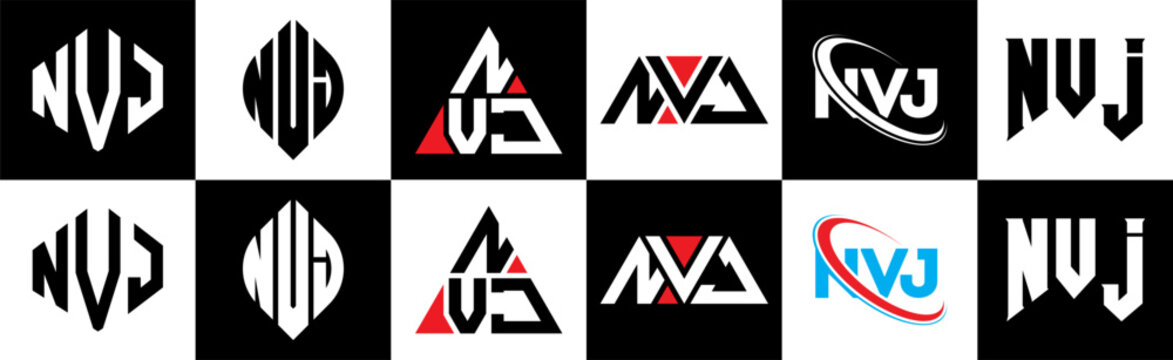 NVJ letter logo design in six style. NVJ polygon, circle, triangle, hexagon, flat and simple style with black and white color variation letter logo set in one artboard. NVJ minimalist and classic logo