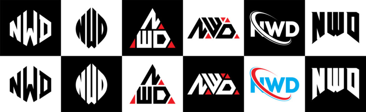 NWD letter logo design in six style. NWD polygon, circle, triangle, hexagon, flat and simple style with black and white color variation letter logo set in one artboard. NWD minimalist and classic logo