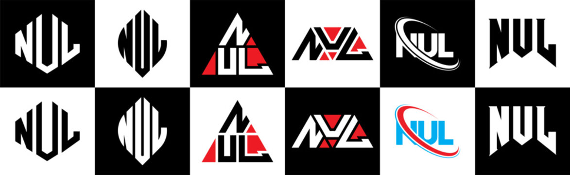 NUL letter logo design in six style. NUL polygon, circle, triangle, hexagon, flat and simple style with black and white color variation letter logo set in one artboard. NUL minimalist and classic logo