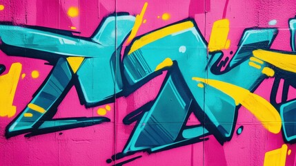 Vibrant graffiti art featuring bold turquoise and yellow shapes on a pink background, showcasing an energetic urban expression.