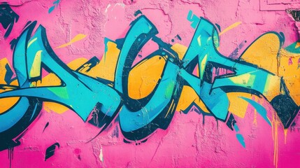A vibrant graffiti mural featuring dynamic blue lettering against a pink backdrop, showcasing an energetic urban art style.