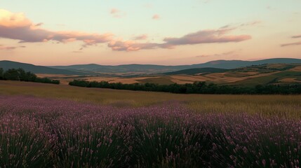 Obraz premium Lavender Fields and Rolling Hills at Sunset: A Serene Countryside View