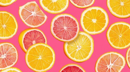 Fototapeta premium A vibrant arrangement of sliced lemons and grapefruits against a bright pink background, showcasing their juicy flesh and zesty colors.
