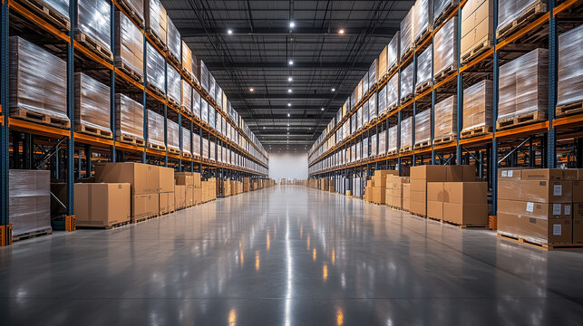 Modern warehouse interior featuring organized shelving and stacked cardboard boxes in a large storage facility