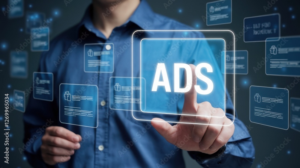 Poster man is touching a digital ads button on screen