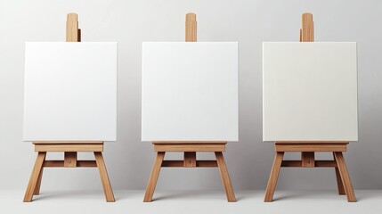 Natural light poured into a white room where three blank canvases rested on separate easels