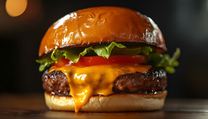 Juicy gourmet burger with melted cheese and fresh lettuce on a toasted bun