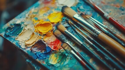 Obraz premium Close-up of colorful paint palette and brushes, artistic inspiration