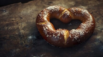 Large salted pretzel placed on a rustic surface.