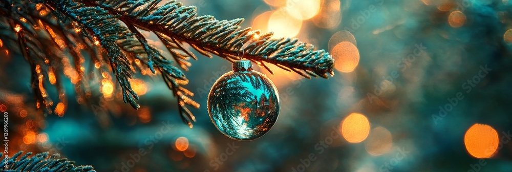 Poster the image features a transparent christmas ball with shiny lights, hanging from a green christmas tr
