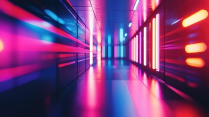 Naklejka premium A mesmerizing view of a futuristic corridor illuminated with vibrant pink and blue neon lights, creating a dynamic and surreal atmosphere.
