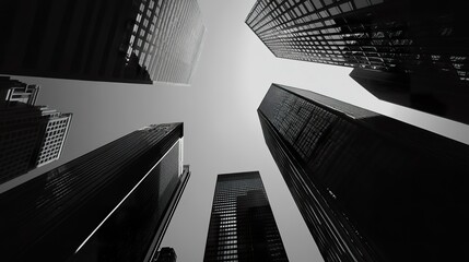 Low-angle view of modern office buildings in a financial district.