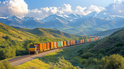 Train traverses lush valley under majestic snowy mountains during golden hour