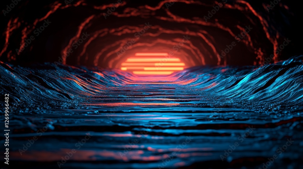 Poster The data of crypto waves is visualized through a 3D illustration of wavy lines in the information code field, embodying the cyber concept of coding and technology with data flow