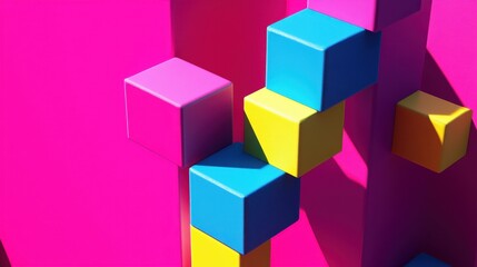 Obraz premium Colorful geometric blocks create a playful structure against a vibrant pink background, evoking a sense of creativity and whimsy in this dynamic composition.