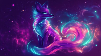A vibrant and ethereal depiction of a fox, illuminated in glowing purples and blues, set against a cosmic backdrop filled with swirling colors.