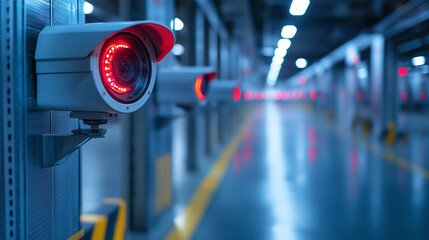 Surveillance cameras monitoring a modern parking garage with illuminated red indicators