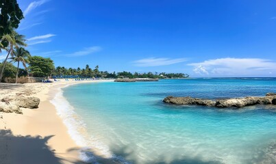 A serene beach with turquoise waters and palm trees, beneath a clear blue sky.