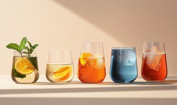 A series of glasses with assorted drinks, ideal for a beverage theme.