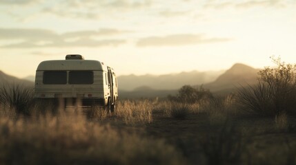 Fototapeta premium Retro camper van in desert sunset