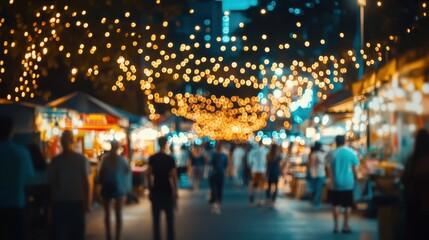 A vibrant night market scene filled with soft glowing lights, depicting a bustling atmosphere with diverse patrons enjoying the evening.