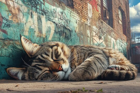 Giant tabby cat sleeping peacefully in urban alley with graffiti wall - Powered by Adobe