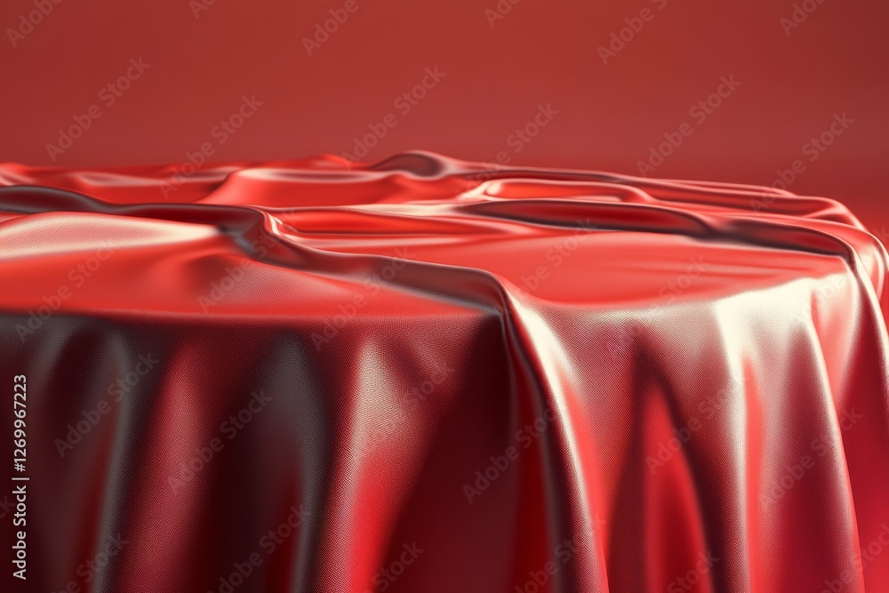 Poster a minimalist representation features a round table covered in red, positioned in front of a solid-co