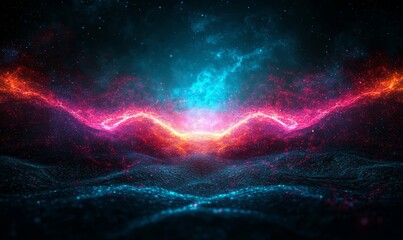 Interconnected lines and glowing nodes comprise the abstract digital landscape