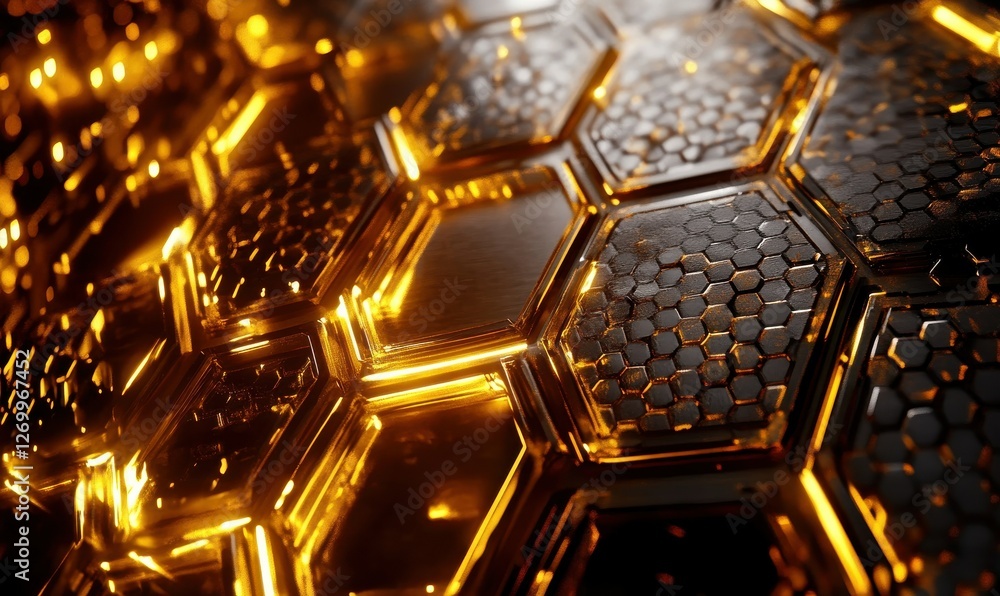 Poster abstract background of metallic hexagons with glowing edges, futuristic design with depth and dimens