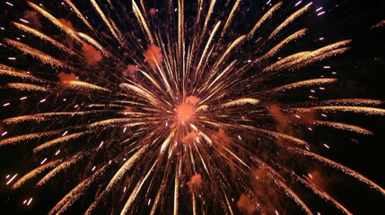 A spectacular display of golden fireworks bursting in the night sky, creating a vibrant, celebratory atmosphere full of energy.