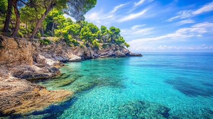 Fototapeta premium Scenic view of a seaside coastline with clear blue waters.