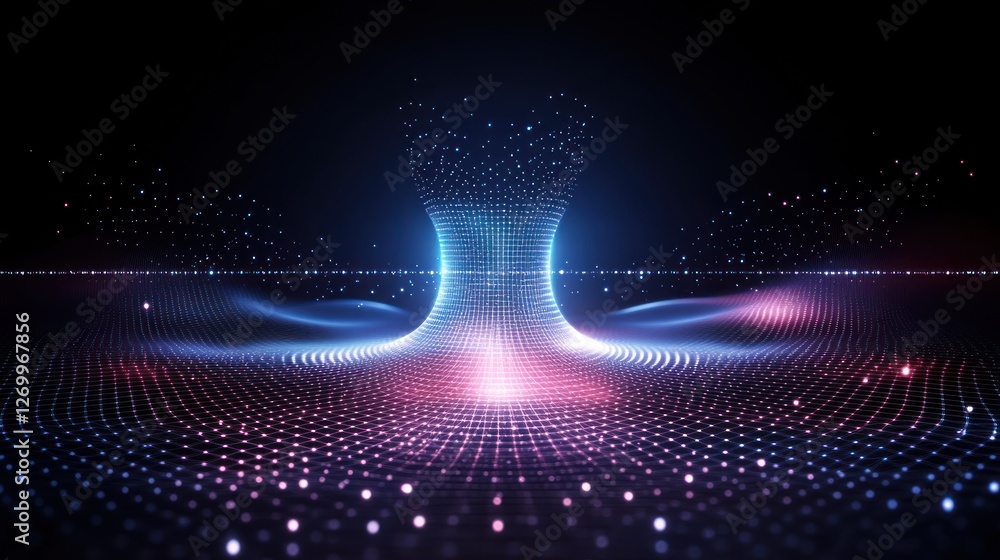 Poster abstract digital data flow visualization with glowing particles and grids