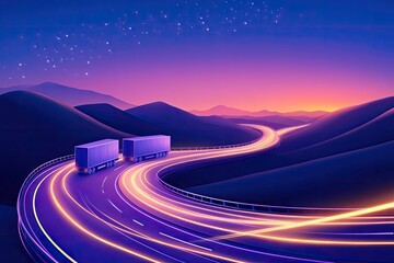 Nighttime Trucks Journey Across Winding Mountain Road